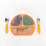 Ollies meal on Bumkins Silicone Stretch Lid Grip Plate with spoon & fork. CPSIA Compliant.