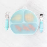 Bumkins CPSIA Compliant blue Grip Plate with Silicone Stretch Lid, 3 sections, plus matching fork and spoon set.