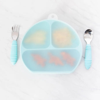 Bumkins CPSIA Compliant blue Grip Plate with Silicone Stretch Lid, 3 sections, plus matching fork and spoon set.