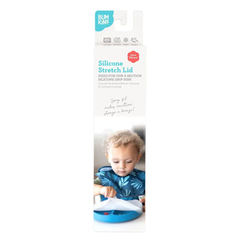 Bumkins Silicone Stretch Lid packaging shows a child using the blue Grip Dish Lid.