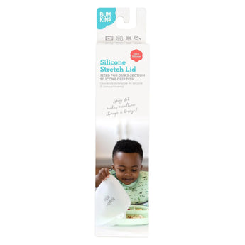Bumkins Silicone Stretch Lid for Grip Dish 5 Section, Grip Tray is shown in a slim white packaging box with a photo of a child.