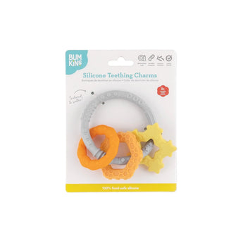 Bumkins Silicone Teething Charms: Orange is shown attached to a white packaging card.