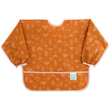 Bumkins Sleeved Bib: Grounded features orange waterproof fabric with white geometric patterns, long sleeves, and a front pocket.