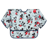 Bumkins Sleeved Bib: Mickey Mouse features cartoon mice in red shorts on light blue; waterproof and ideal for feeding time!.