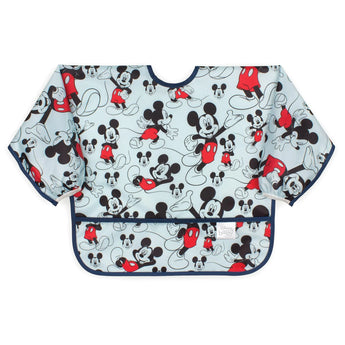 Bumkins Sleeved Bib: Mickey Mouse features cartoon mice in red shorts on light blue; waterproof and ideal for feeding time!.