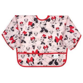 Bumkins Sleeved Bib: Minnie Mouse—black/white cartoons, red bows/trim; perfect waterproof bib for baby-led weaning.