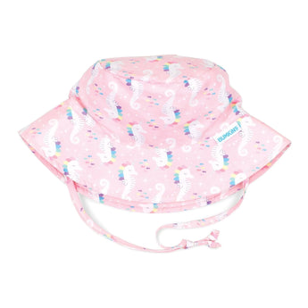 Bumkins Sea Unicorn Sun Hat: Pink, seahorse print, UPF 50+, adjustable strap, wide brim for ultimate sun protection.