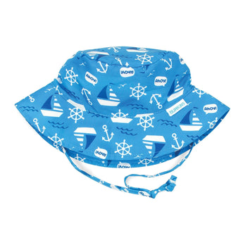 Bumkins Sun Hat: Ahoy—blue bucket style with sailboats, anchors, ship wheels & Ahoy text. Includes UPF 50+ protection.