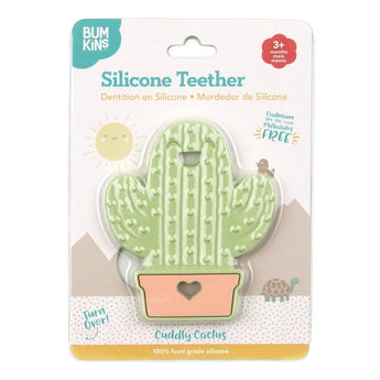 Bumkins Silicone Teether: Cactus-shaped for babies 3+ months, BPA-free. Comes in green with pot and a colorful card package.