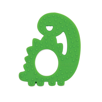 Silicone Teether: Dinosaur by Bumkins is a bumpy green toy with a circular cutout, ideal for soothing baby gums.