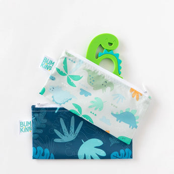 Two vibrant dinosaur-themed Bumkins pouches, one with a Silicone Teether: Dinosaur on top, add fun while soothing baby gums.