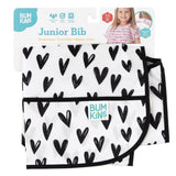 Bumkins Junior Bib: Hearts, designed for ages 1-3, features stain-resistant, waterproof fabric with black heart patterns.