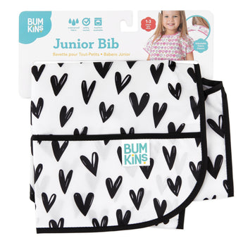 Bumkins Junior Bib: Hearts, designed for ages 1-3, features stain-resistant, waterproof fabric with black heart patterns.