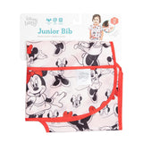 Bumkins Junior Bib: Minnie Mouse Classic features red trim, lightweight waterproof fabric, perfect for ages 1-3.