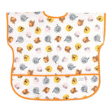 Bumkins Junior Bib: Winnie and Friends is made of white waterproof fabric with a colorful character design, orange trim, and front pocket.