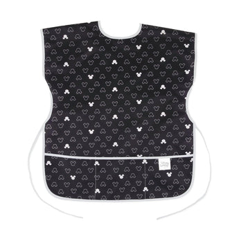 Bumkins Short-Sleeved Smock: Mickey Mouse Icon B+W: waterproof black fabric with white silhouettes, white trim and ties, and 3 pockets.