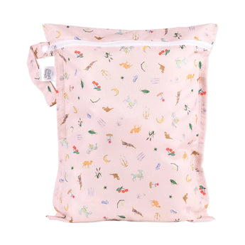 Bumkins Wet Bag: Princess Magic features pink waterproof fabric with a princess motif and a white zipper.