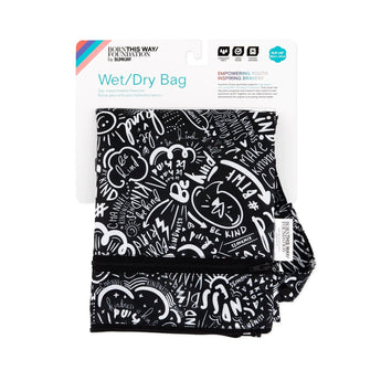 The Bumkins Wet/Dry Bag: Be Kind has inspiring doodles on waterproof fabric, packaged with the Born This Way Foundation logo.