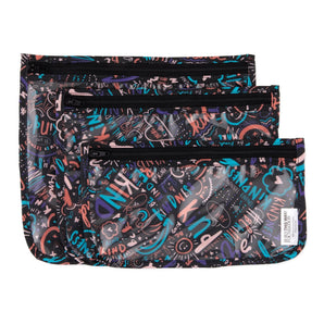 Bumkins Clear Travel Bag 3-Pack: Channel Kindness includes 3 TSA-compliant pouches with a colorful motivational word motif.