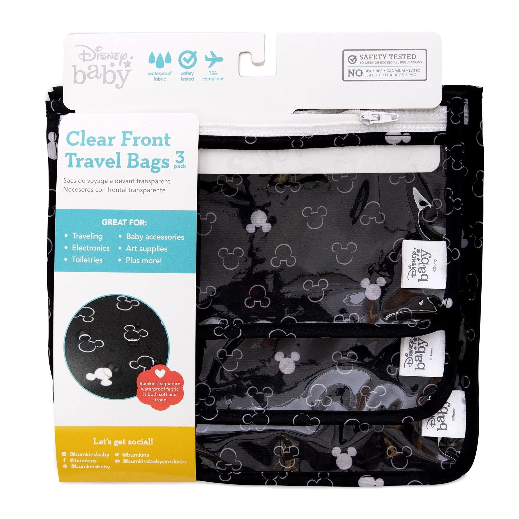 Clear Travel Bag 3-Pack: Mickey Mouse Icon Black + White - Bumkins