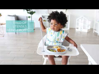 Video footage of children using the Bumkins Silicone Accessory Tether 2-Pack, with product information.