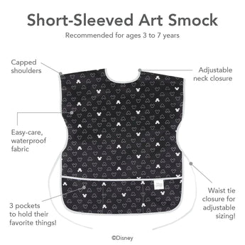 Infographic of Bumkins Short-Sleeved Art Smock: recommended for ages 3-7 years, adjustable neck and waist closure, easy-care waterproof fabric.