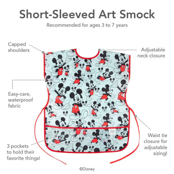Infographic of Bumkins Short-Sleeved Art Smock: recommended for ages 3-7 years, adjustable neck and waist closure, easy-care waterproof fabric.