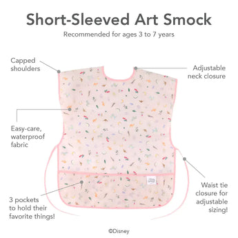 Infographic of Bumkins Short-Sleeved Art Smock: recommended for ages 3-7 years, adjustable neck and waist closure, easy-care waterproof fabric.